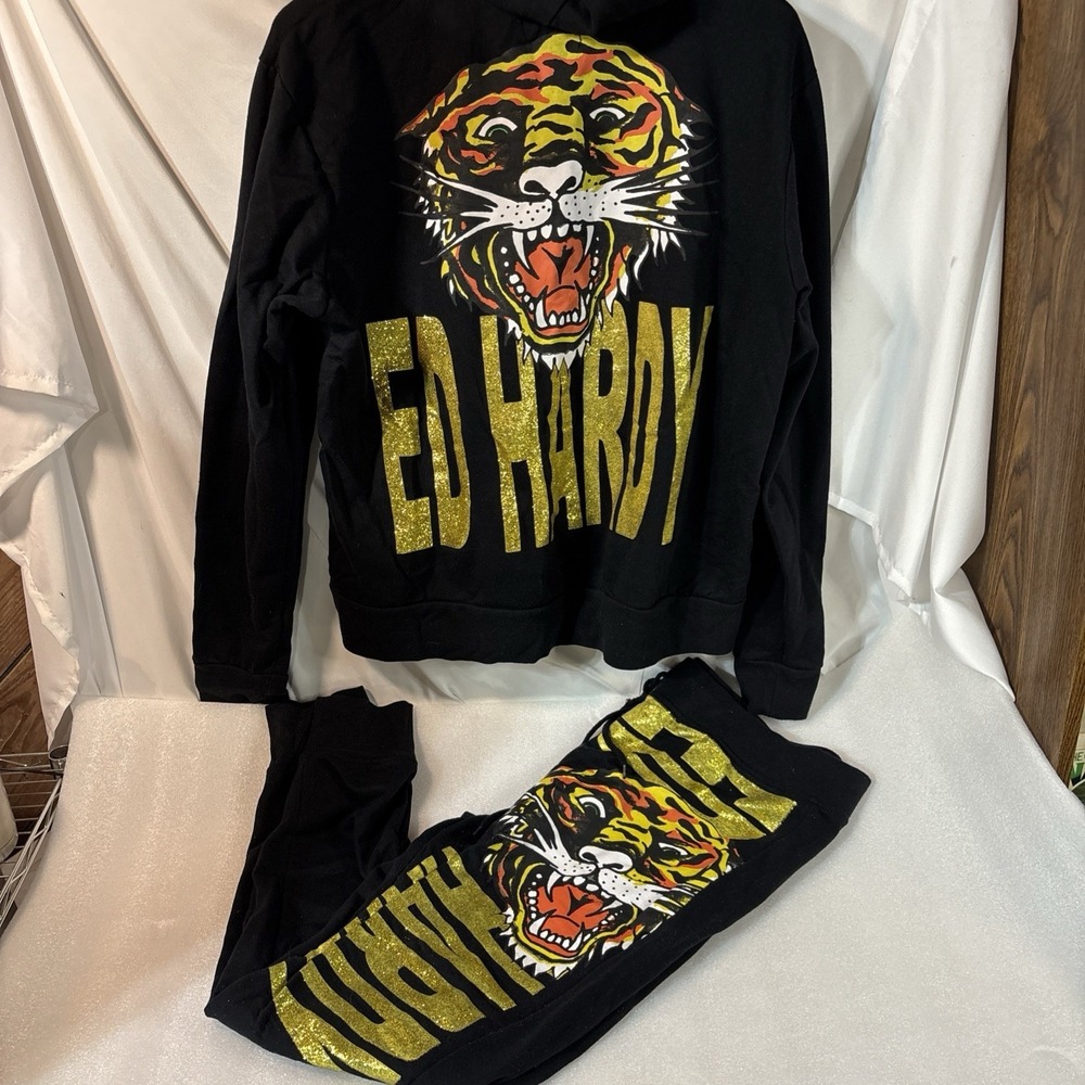 Vintage ED HARDY BY CHRISTIAN AUDIGIER ZIP UP HOODIE & Pants Whole Outfit Rare